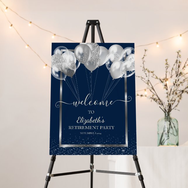 Silver Frame Navy Confetti Balloons Retirement  Foam Board (In Situ (Stand))