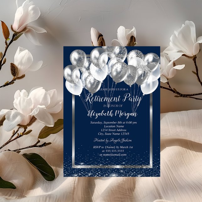 Silver Frame Navy Confetti Balloons Retirement  Invitation (Creator Uploaded)