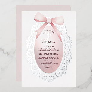 Silver Frame Pink Bow Baptism Foil Invitation