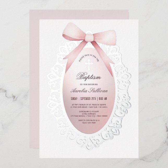 Silver Frame Pink Bow Baptism Foil Invitation (Front/Back)