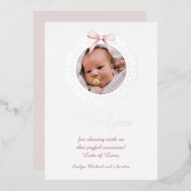 Silver Frame Pink Bow Baptism Foil Thank You Card (Front/Back)