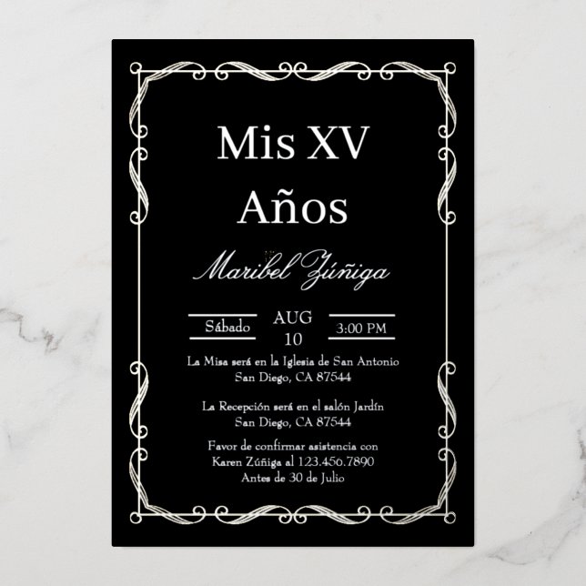 Silver frame Quinceanera invitation Foil Invitation (Front)
