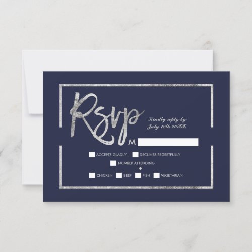 Silver frame script navy blue rsvp wedding