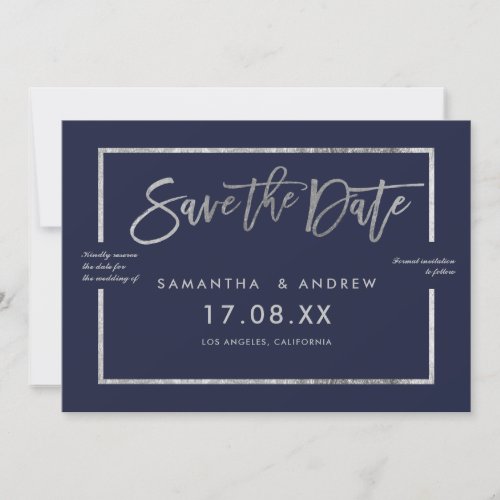 Silver frame script navy blue save the date