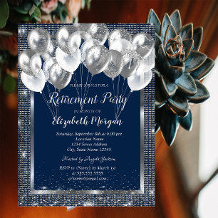 Silver Frame Sequins Balloons Navy Retirement Invitation