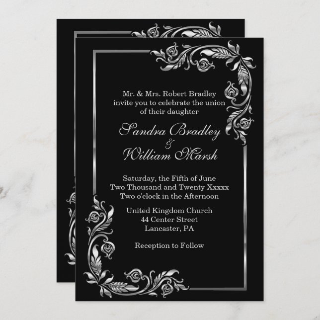 Silver Frame Stunning Black Invitation (Front/Back)