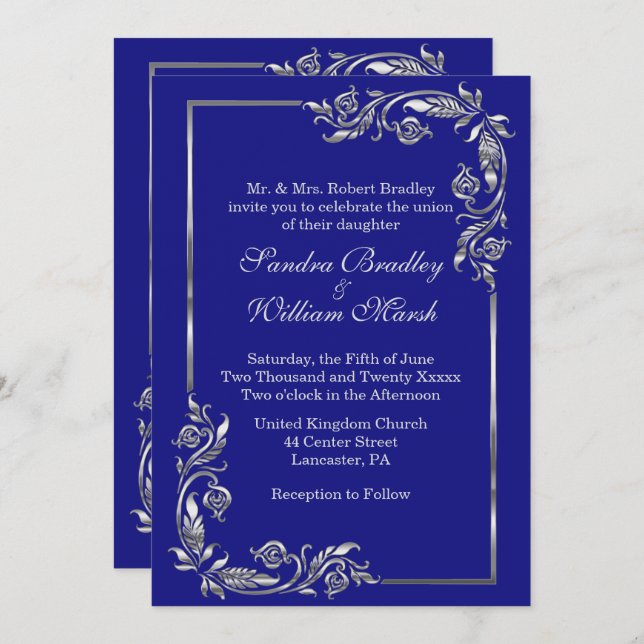 Silver Frame Stunning Navy Invitation (Front/Back)