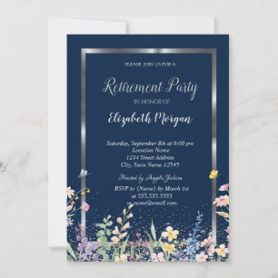 Silver Frame Wildflowers Navy Blue Retirement Invitation