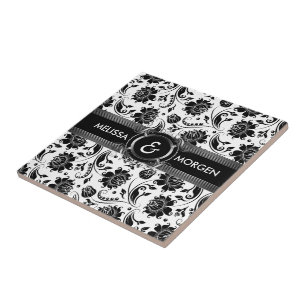 Silver Frame With Black & White Damasks pattern Tile