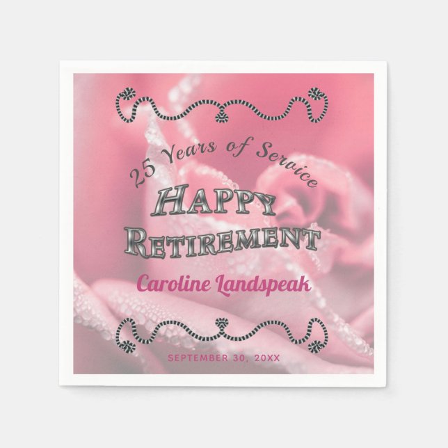 Silver Frame with Pink Rose photo Happy Retirement Napkins (Front)