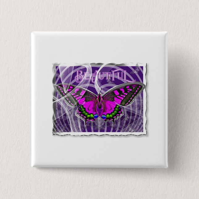 Silver Framed Colorful Butterfly with Swirls Button (Front)