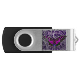 Silver Framed Colorful Butterfly with Swirls Flash Drive