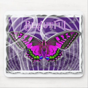 Silver Framed Colorful Butterfly with Swirls Mouse Pad