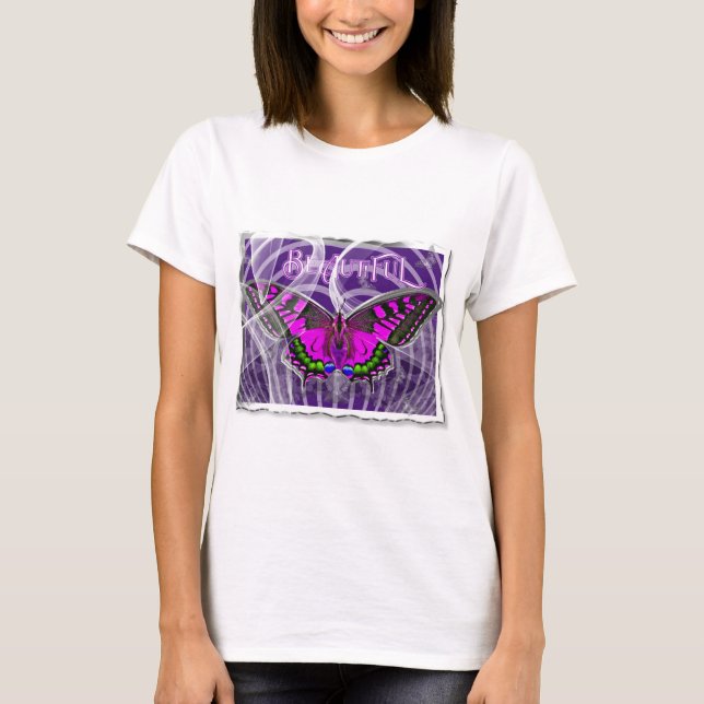 Silver Framed Colorful Butterfly with Swirls T-Shirt (Front)