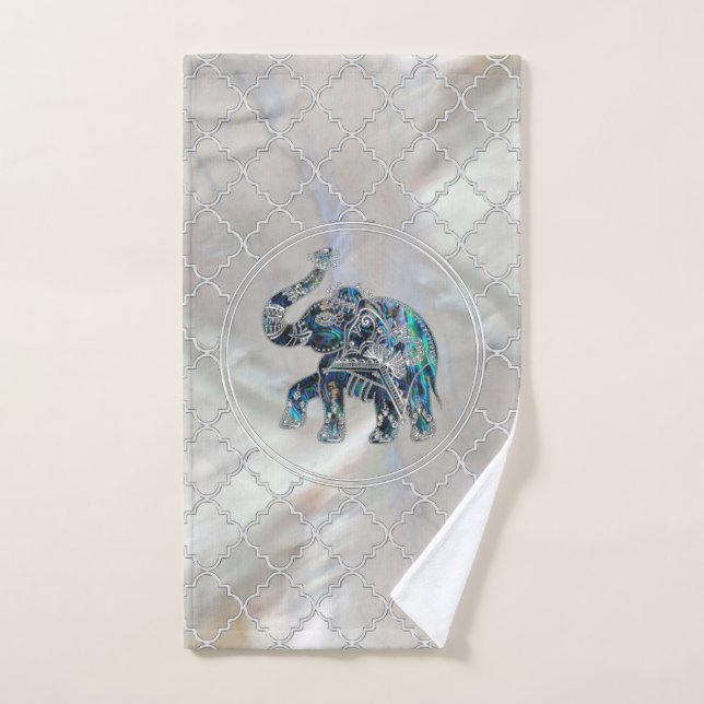 Silver Framed Elephant on Abalone and Pearl Bath Towel Set (Hand Towel)