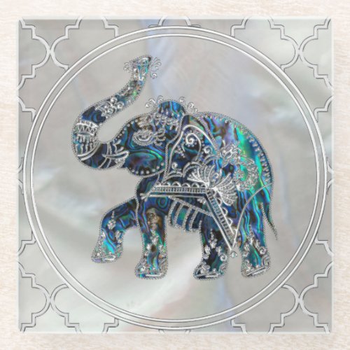 Silver Framed Elephant on Abalone and Pearl Glass Coaster