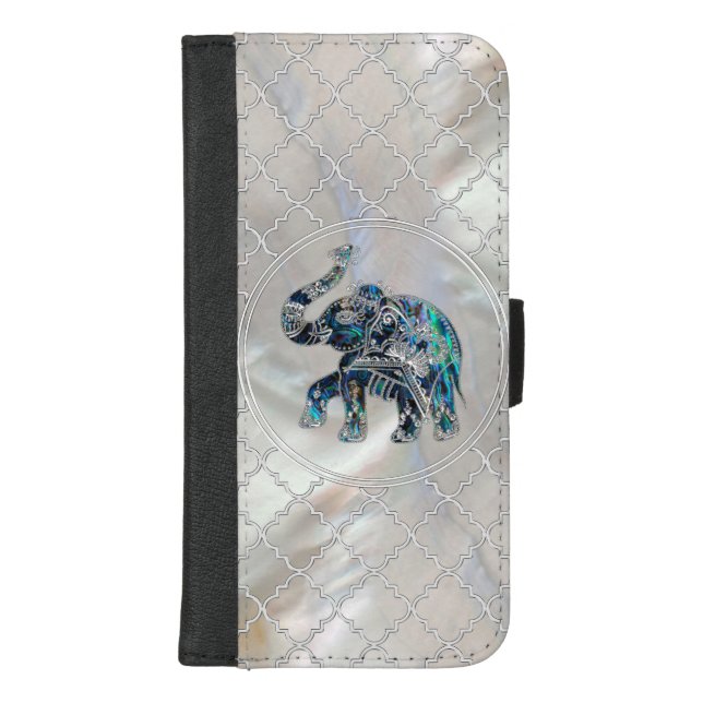 Silver Framed Elephant on Abalone and Pearl iPhone Wallet Case (Front)