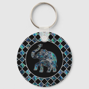 Silver Framed Elephant on Abalone and Pearl Keychain
