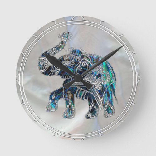 Silver Framed Elephant on Abalone and Pearl Round Clock