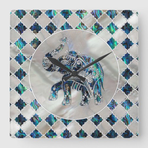 Silver Framed Elephant on Abalone and Pearl Square Wall Clock