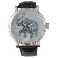 Silver Framed Elephant on Abalone and Pearl Watch