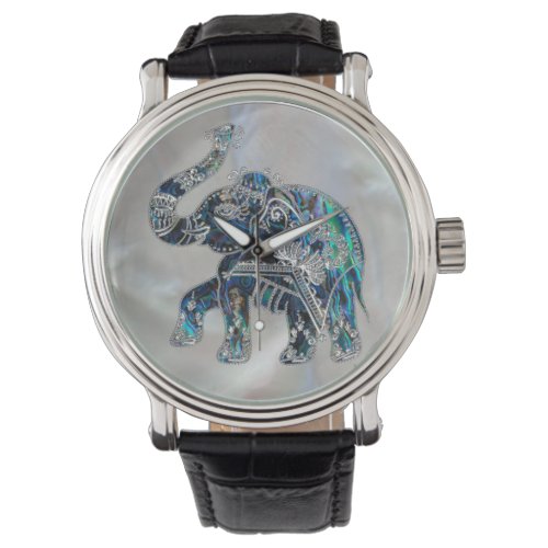 Silver Framed Elephant on Abalone and Pearl Watch