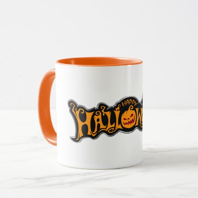 Silver Framed Happy Halloween Ruby Eyed Pumpkin Mug (Front Left)