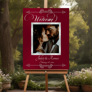 Silver Framed Photo Welcome Sign- Burgundy Foam Board