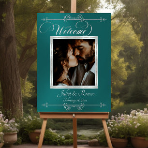 Silver Framed Photo Welcome Sign- Teal Foam Board