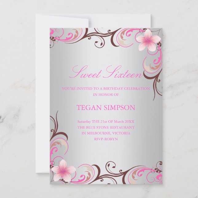 Silver Frangipani Sweet Sixteen Birthday Invite (Front)