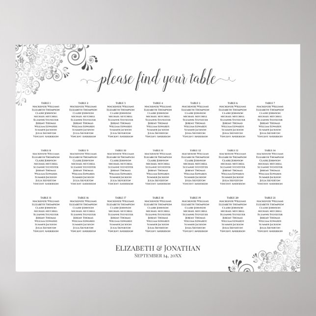 Silver Frills 21 Table Wedding Seating Chart White (Front)