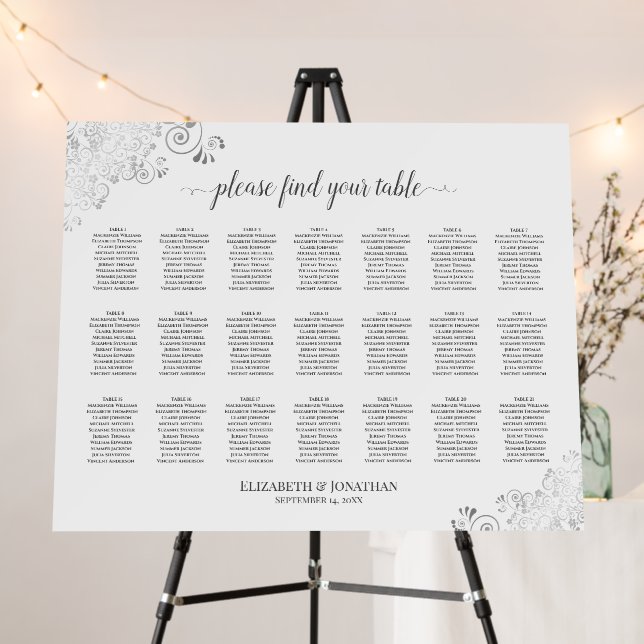 Silver Frills 21 Table White Wedding Seating Chart Foam Board (In Situ (Stand))