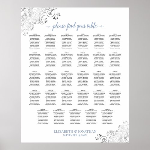 Silver Frills 29 Table Wedding Seating Chart Blue