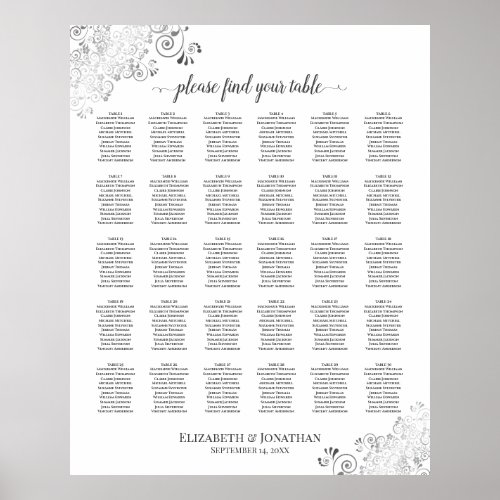 Silver Frills 30 Table Wedding Seating Chart White