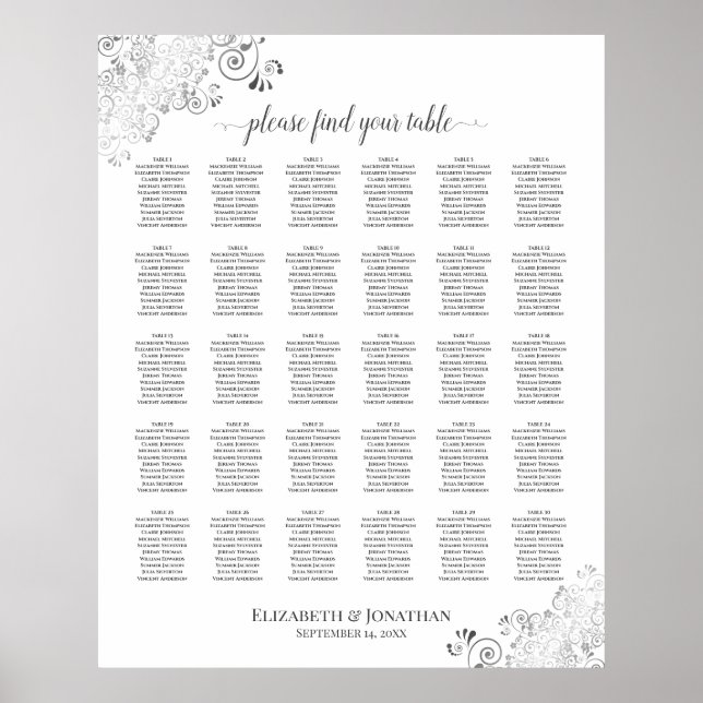 Silver Frills 30 Table Wedding Seating Chart White (Front)