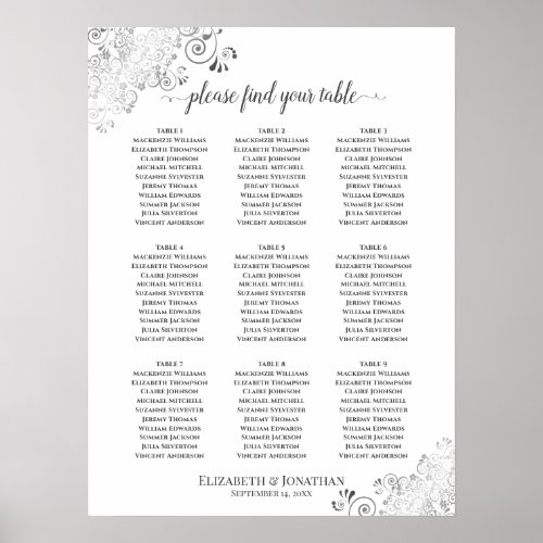 Silver Frills 9 Table Wedding Seating Chart White