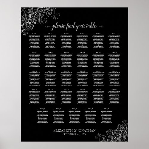 Silver Frills Black 29 Table Wedding Seating Chart
