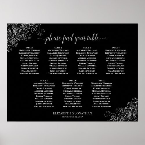 Silver Frills Black 7 Table Wedding Seating Chart