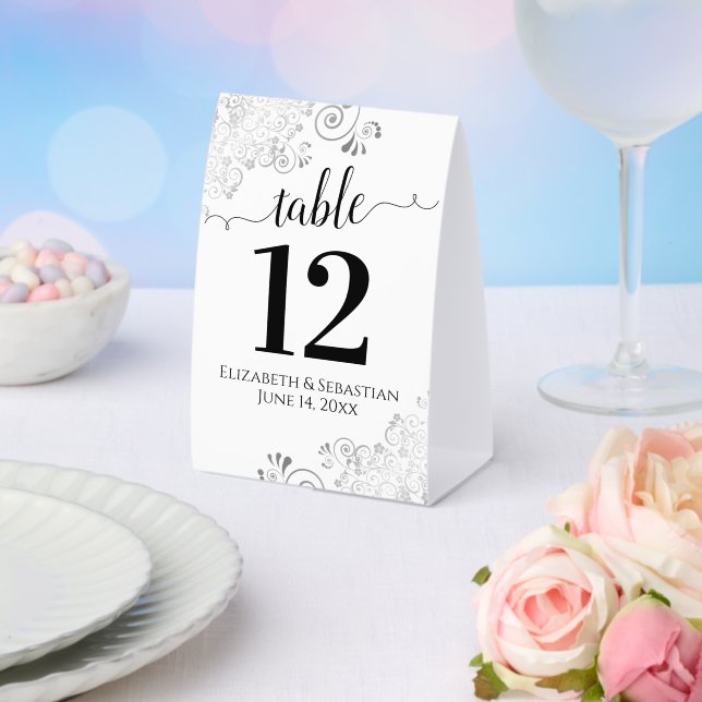 Silver Frills Black on White Wedding Table Number Paper Table Tent (Insitu(Wedding))