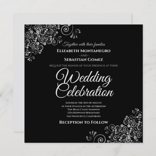 Silver Frills Black Simple Elegant Square Wedding Invitation