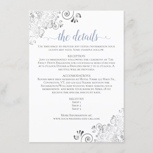 Silver Frills Blue on White Wedding Details Enclosure Card