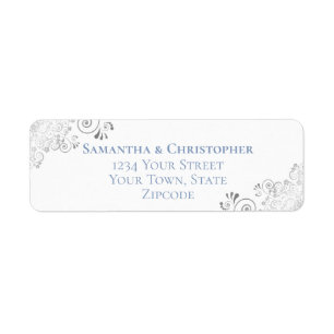 Silver Frills Blue on White Wedding Return Address Label