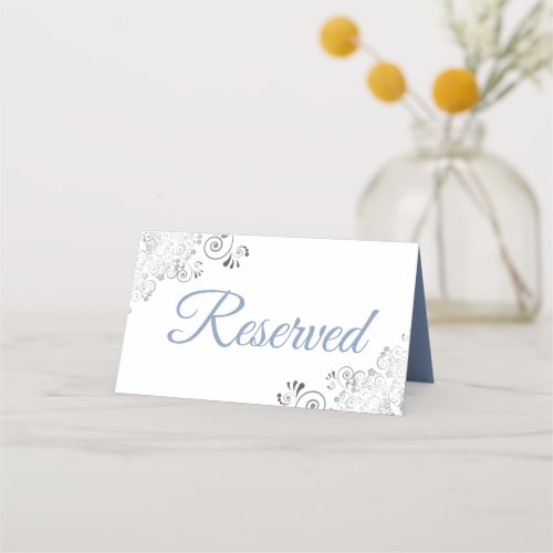 Silver Frills Blue White Elegant Wedding Reserved Place Card