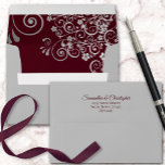 Silver Frills Burgundy Inside Elegant Gray Wedding Envelope<br><div class="desc">This beautiful gray wedding envelope is features a burgundy, maroon, or wine red inside flap with silver gray floral curls and swirls. There is a printed return address on the back flap in fancy script lettering. The design is understated and simple, yet classic, chic and ornate. Perfect way to make...</div>