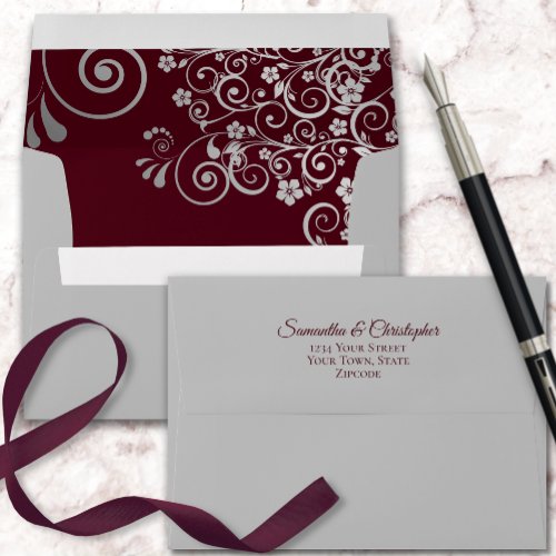 Silver Frills Burgundy Inside Elegant Gray Wedding Envelope