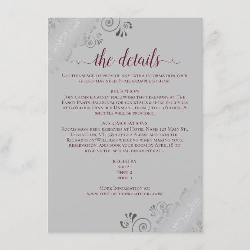 Silver Frills Burgundy on Gray Wedding Details Enclosure Card