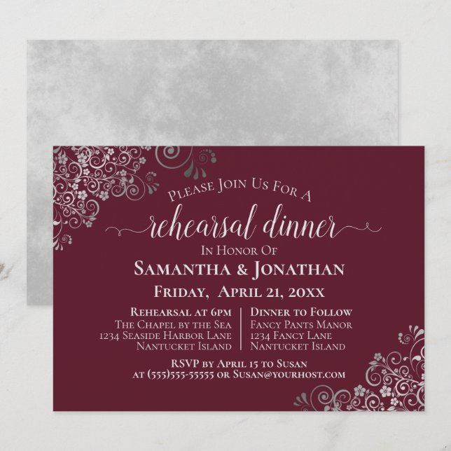 Silver Frills Burgundy Wedding Rehearsal & Dinner Invitation (Front/Back)