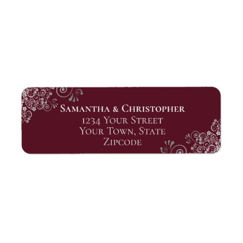 Silver Frills Burgundy Wedding Return Address Label