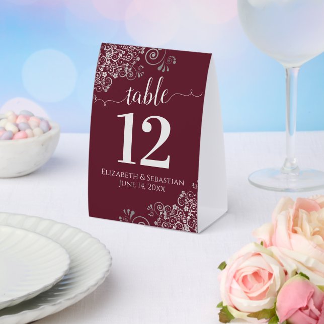 Silver Frills Burgundy Wedding Table Number Paper Table Tent (Insitu(Wedding))