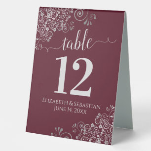 Silver Frills Burgundy Wedding Table Number Table Tent